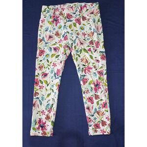 Time & Tru Women's Floral Stretch Pants White Pink Teal Slim Cropped Size M 8-10